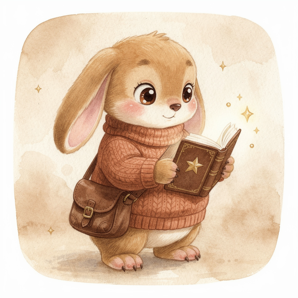 Cuna, the bunbear storyteller, with a satchel of stories and her glowing gold-star storybook
